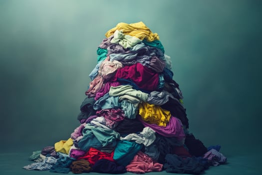 A vibrant and colorful heap of crumpled and folded clothes beautifully showcases a chaotic yet artistic presentation of domestic life, reflecting the essence of everyday household routines photo