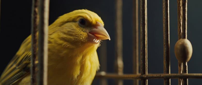 A yellow bird is sitting in a cage photo