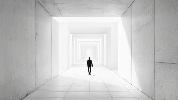 In a minimalist space, a solitary figure stands alone in a brightly lit corridor, embodying a profound sense of anticipation, as if awaiting the unfolding of a significant event or change photo