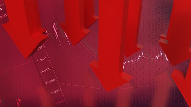 The Red arrow Down on Business background 3d rendering. photo