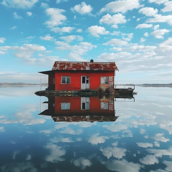 A red house floats on the lake, surrounded by water and clouds in the sky photo