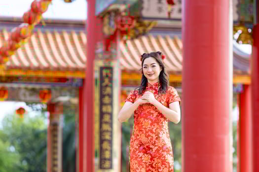 Asian woman in red cheongsam qipao dress is making a wish to ancestral god inside Chinese Buddhist temple during lunar new year for for best wish blessing and good luck photo