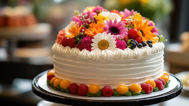 Delicious white cake decorated with colorful flowers and fresh fruits photo
