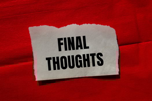 Final thoughts message written on ripped torn paper piece on red background. Conceptual final thoughts symbol. Copy space. photo
