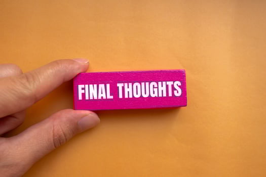 Final thoughts message written on pink wooden block with orange background. Conceptual final thoughts symbol. Copy space. photo