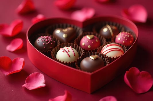 Elegant heart-shaped box of assorted gourmet chocolates with rose petals on red background. valentines day photo