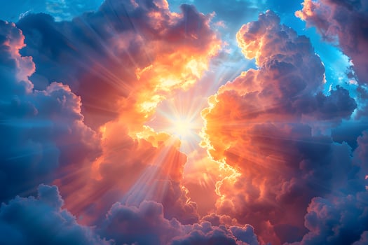 Radiant Sunlight Breaking Through Vibrant Cloudscape at Sunset photo