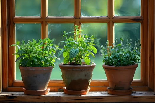 Tranquil Window Herb Garden with Sunlit Mint, Basil, and Thyme in Rustic Pots photo