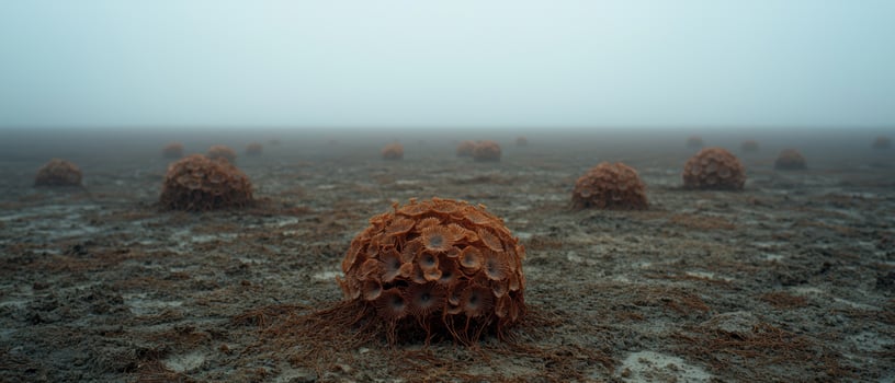 Mysterious fungal formations in a misty landscape photo