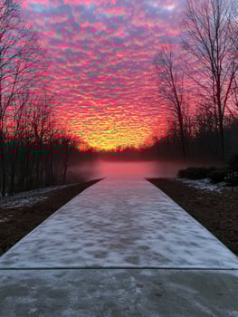 Vibrant sunset over a frozen lake with a wooden dock photo