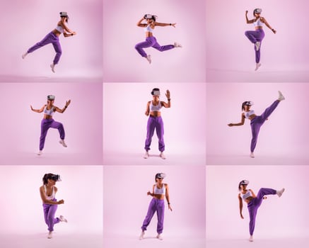 African American young woman wears a virtual reality headset as she performs dynamic movements in a colorful studio. Her energetic actions capture the immersive experience of VR gaming and movement. photo