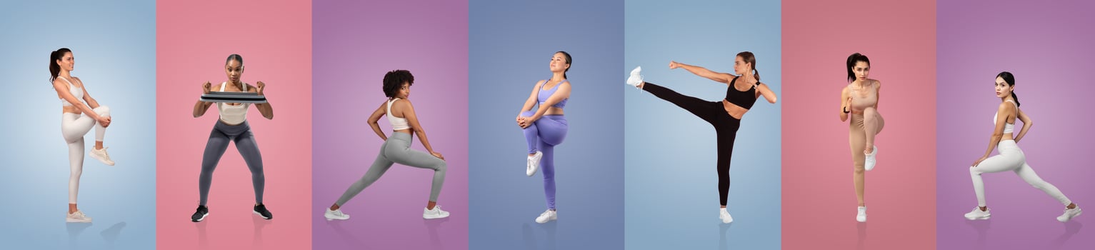 A group of women engages in various fitness activities, showcasing different workout poses. Each woman is dressed in trendy athletic wear against vibrant backgrounds, promoting health and wellness. photo