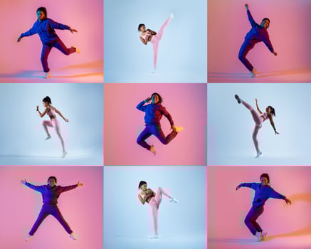 A young dancer showcases a variety of energetic poses against a vibrant backdrop, capturing the spirit of movement and creativity during a dance session. photo