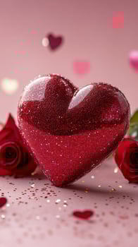 A heart shaped decor with roses and confetti on a pink background photo