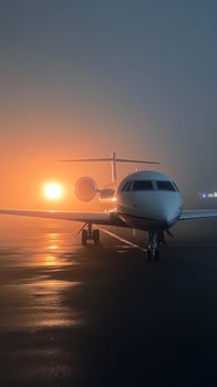 Private jet parked on a runway during a foggy sunset with warm glow in the background photo