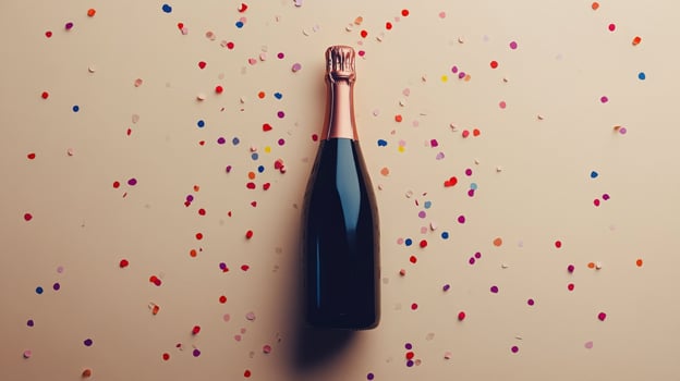 Classic sparkling wine bottle surrounded by rose petals on a soft background photo
