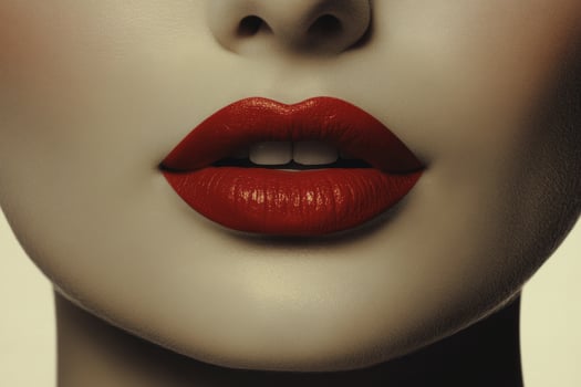 Close up view of a womans lips showcasing vibrant red lipstick against a neutral background photo