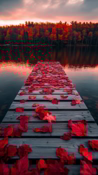 Beautiful sunset over a tranquil lake with a wooden pier covered in red leaves in autumn photo
