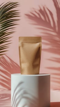 A brown kraft bag displayed on a white pedestal against a pastel pink background with shadows photo