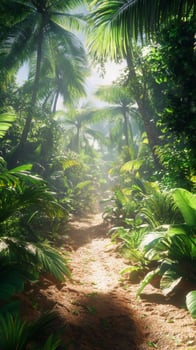 Lush tropical pathway leading through the dense greenery in a serene jungle setting photo