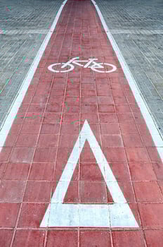 Bicycle Lane Marking With a Red Pathway and Warning Symbol for Cyclists in an Urban Area photo
