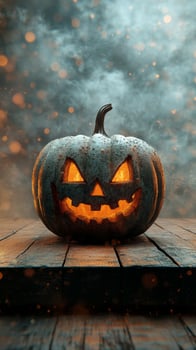A carved pumpkin sits alone on a wooden surface in a foggy forest during autumn photo