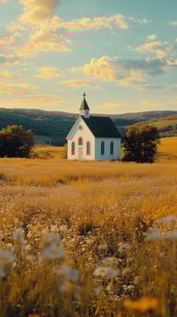 A serene church nestled in a golden meadow under a clear sky in the countryside photo