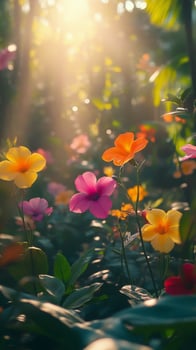 Colorful wildflower garden in spring sunlight showcasing vibrant blooms and lush greenery photo