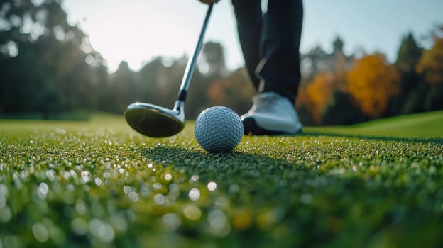 Close up of a golfer preparing to tee off on a sunny day at a lush golf course photo