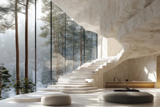 Modern entryway featuring marble stairs and large windows in a forested area photo