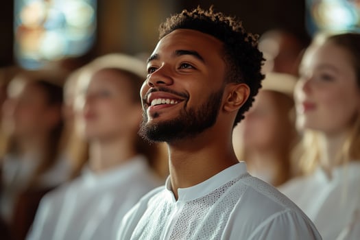 Joyful expressions during a community gathering in a warmly lit venue at sunset photo