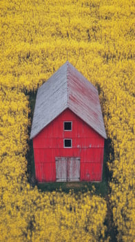 A red barn surrounded by vibrant yellow flowers in a scenic rural landscape with mountains photo
