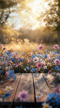 A vibrant garden in full bloom during golden hour with wooden surface in the foreground photo