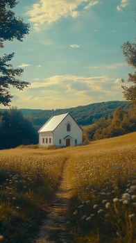 A serene church nestled in a golden meadow under a clear sky in the countryside photo