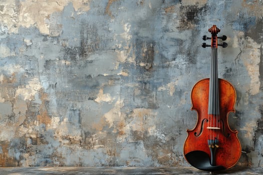 A beautifully crafted wooden violin displayed against a textured gray wall with autumn branches photo