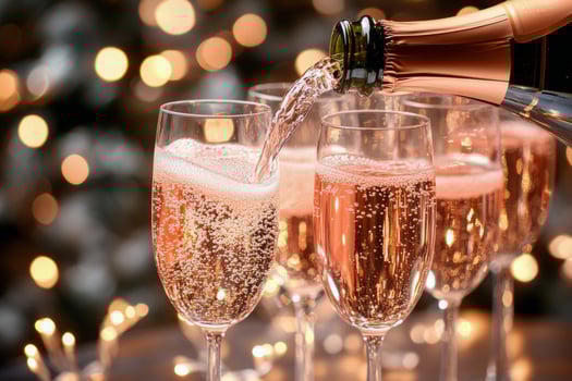 Toast with sparkling beverage in elegant glasses on a festive evening with colorful bokeh lights photo