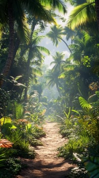 Lush tropical pathway leading through the dense greenery in a serene jungle setting photo
