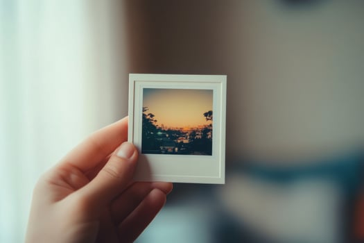 A person holding a small photo of a sunset view over a city landscape indoors