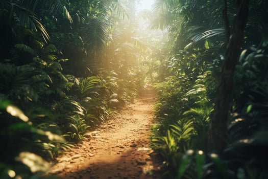 Serene forest pathway illuminated by sunlight filtering through trees in a tropical jungle setting photo
