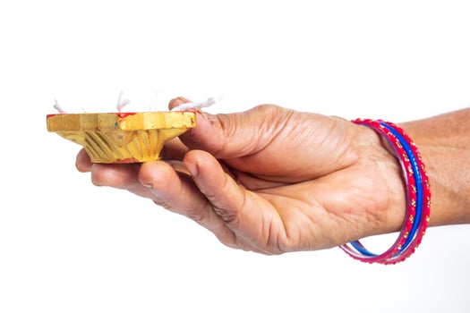 Close-up of hand holding traditional Indian oil lamp with colorful bangles photo