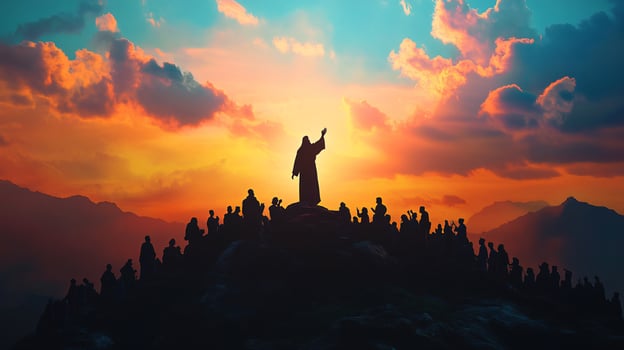 Jesus christ preaching to crowd at sunrise, symbolizing spirituality faith copy space background photo