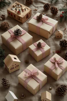 Festively wrapped gifts with pinecones and decorations on a rustic table during the holiday season photo