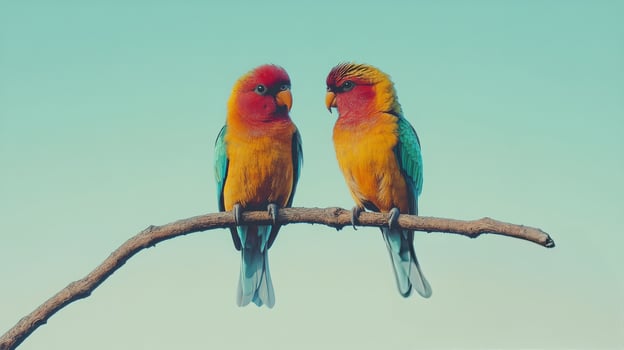Colorful birds perched on a branch during a sunny day in a vibrant natural setting photo