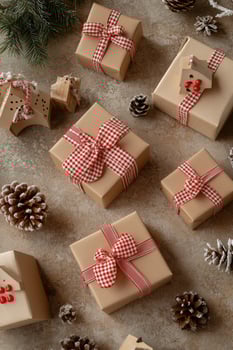 Festively wrapped gifts with pinecones and decorations on a rustic table during the holiday season photo