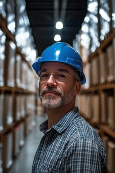 Warehouse manager assesses inventory in a large storage facility during daylight hours photo