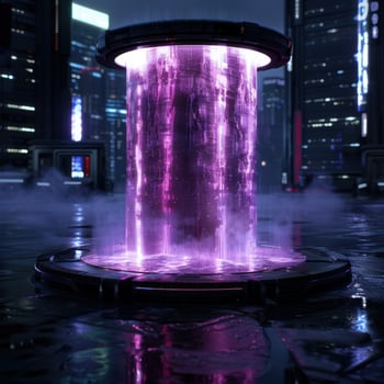 Futuristic glowing purple water fountain in a city at night photo