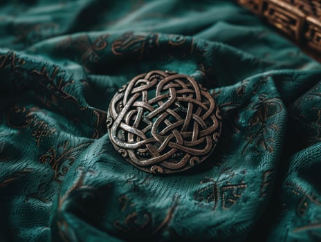 Intricate celtic knot on emerald green fabric photo