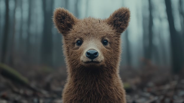 Curious brown bear cub in forest photo