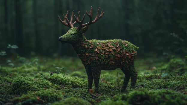 Moss covered deer statue in a lush forest photo