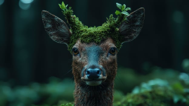 close up of a deer with moss covered antlers in a dark forest photo